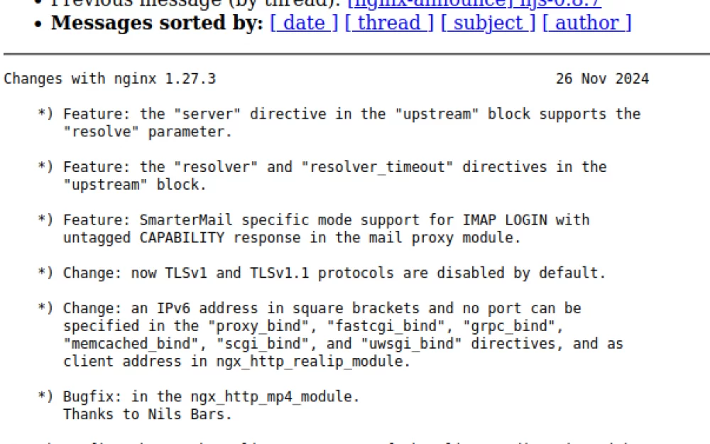 Вышел nginx 1.27.3